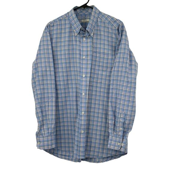 Oliver Ridley Shirt‎ Mens Large Button Up Long Sleeves Blue Plaid Cotton Preppy - Picture 1 of 4